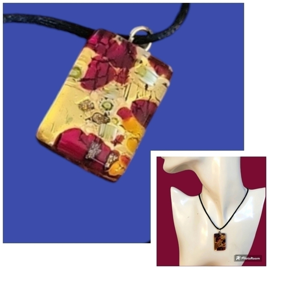 MURANO Rectangle Red Gold Metallic Art Glass Pendant Rope Necklace